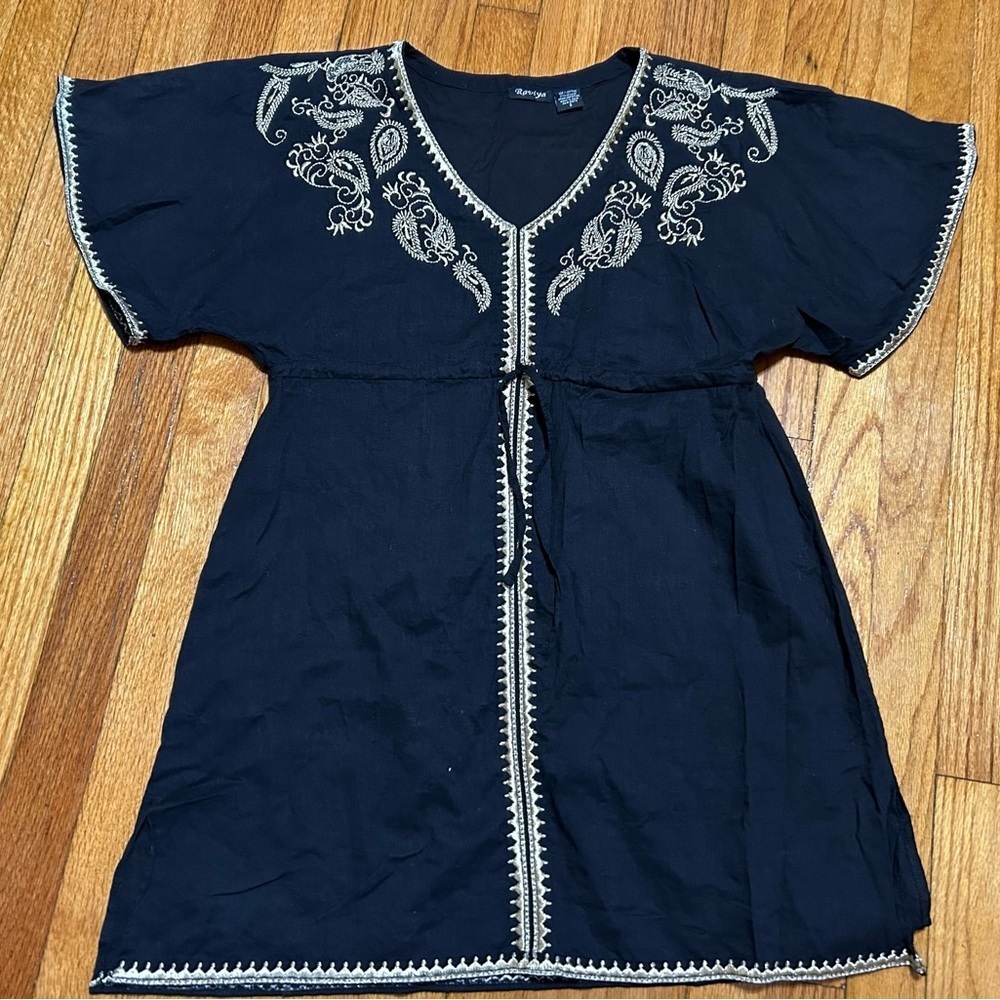 Raviya Swimsuit Cover‎ Up Tunic Dress Black Gold Embroidered Trim  Sz Small